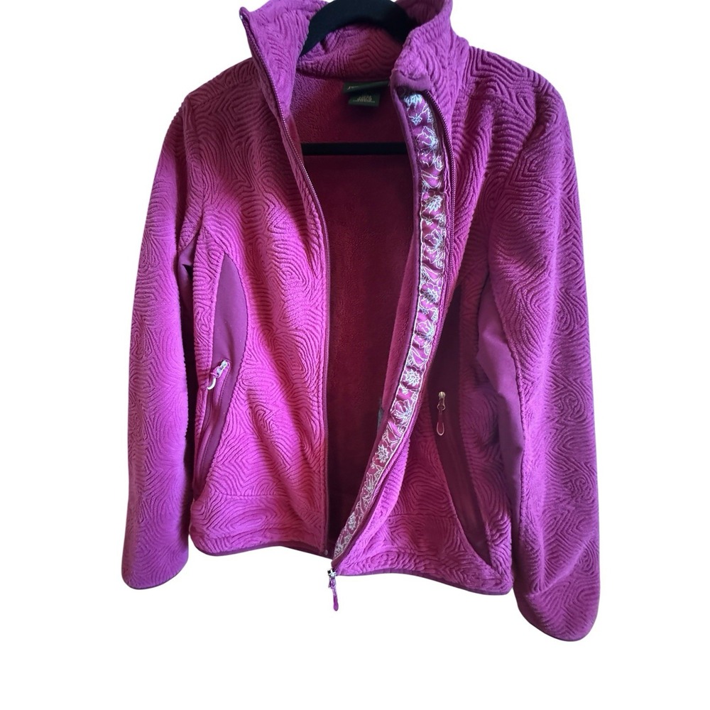 L.L Bean Fushia Textured Fleece Jacket Women's Sz Medium Zip Pockets Floral Trim
